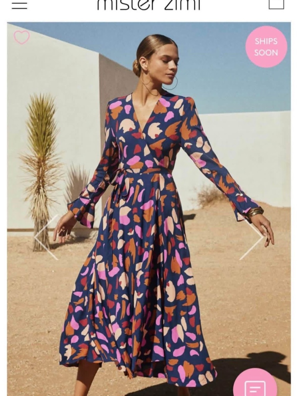 Mister Zimi Navy Floral Wrap Midi Dress with Pink & Rust Accents